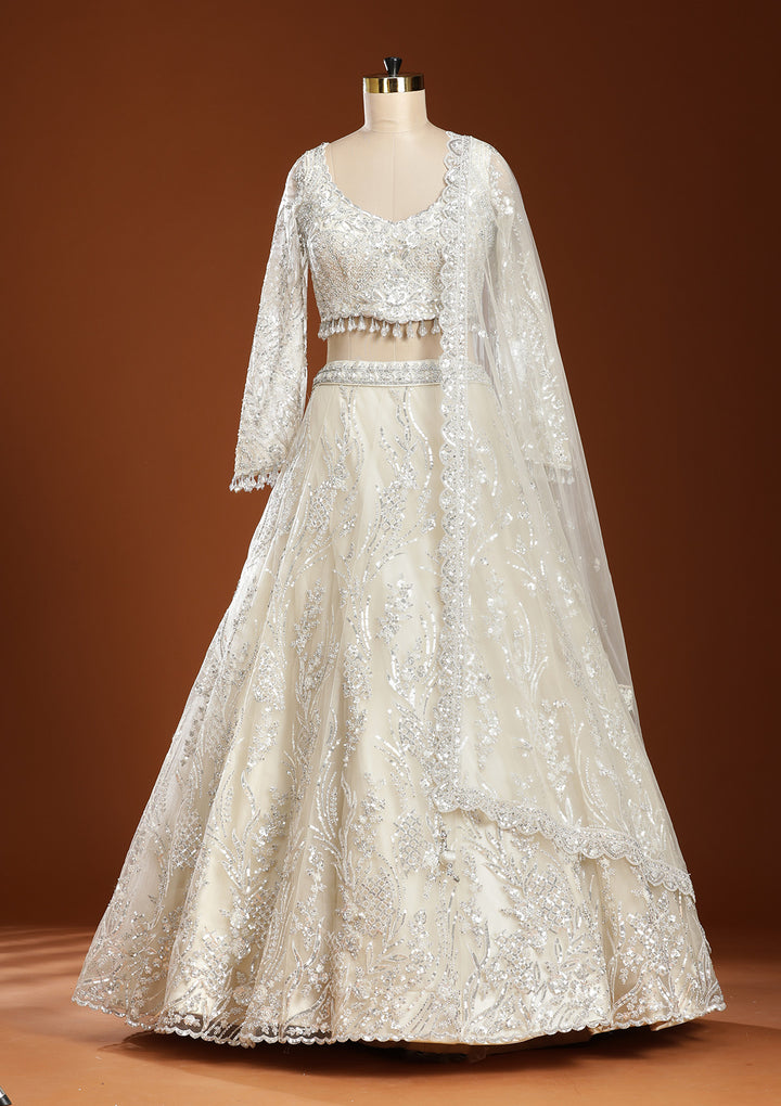 Off White Sequins Net Readymade Lehenga