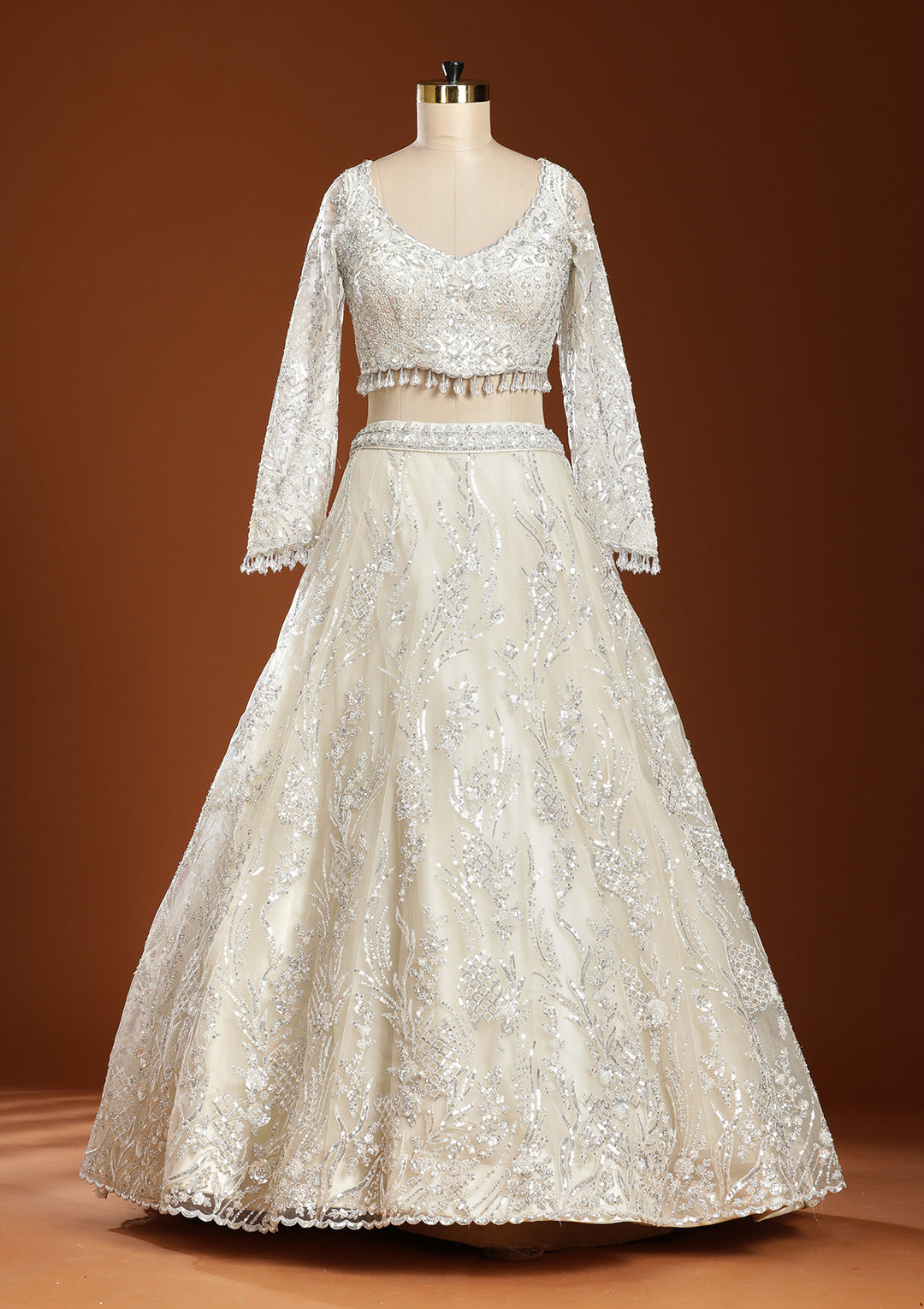 Off White Sequins Net Readymade Lehenga