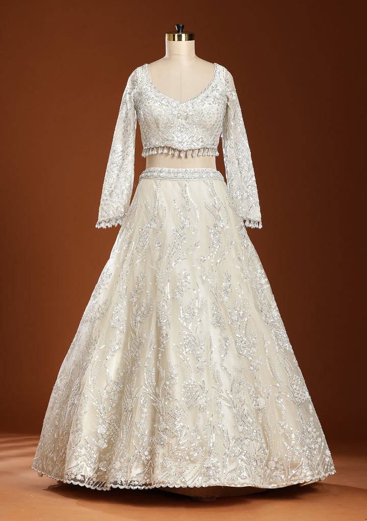 Off White Sequins Net Readymade Lehenga
