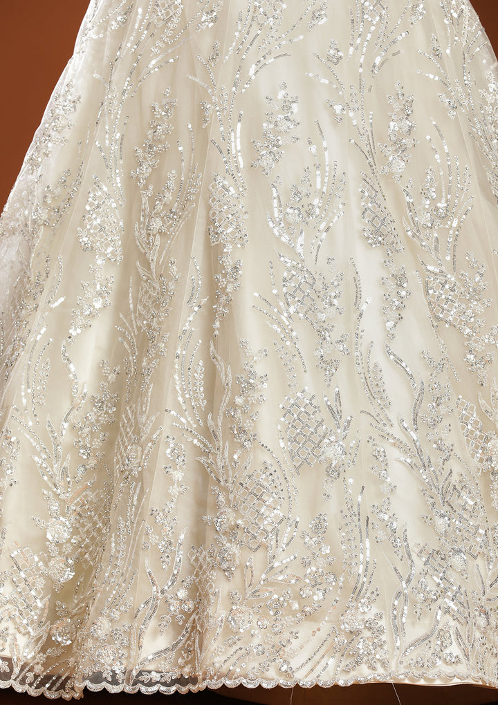 Off White Sequins Net Readymade Lehenga