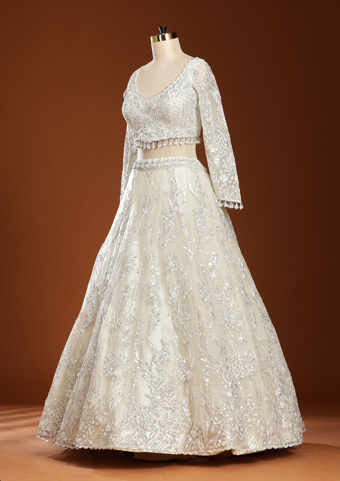 Off White Sequins Net Readymade Lehenga