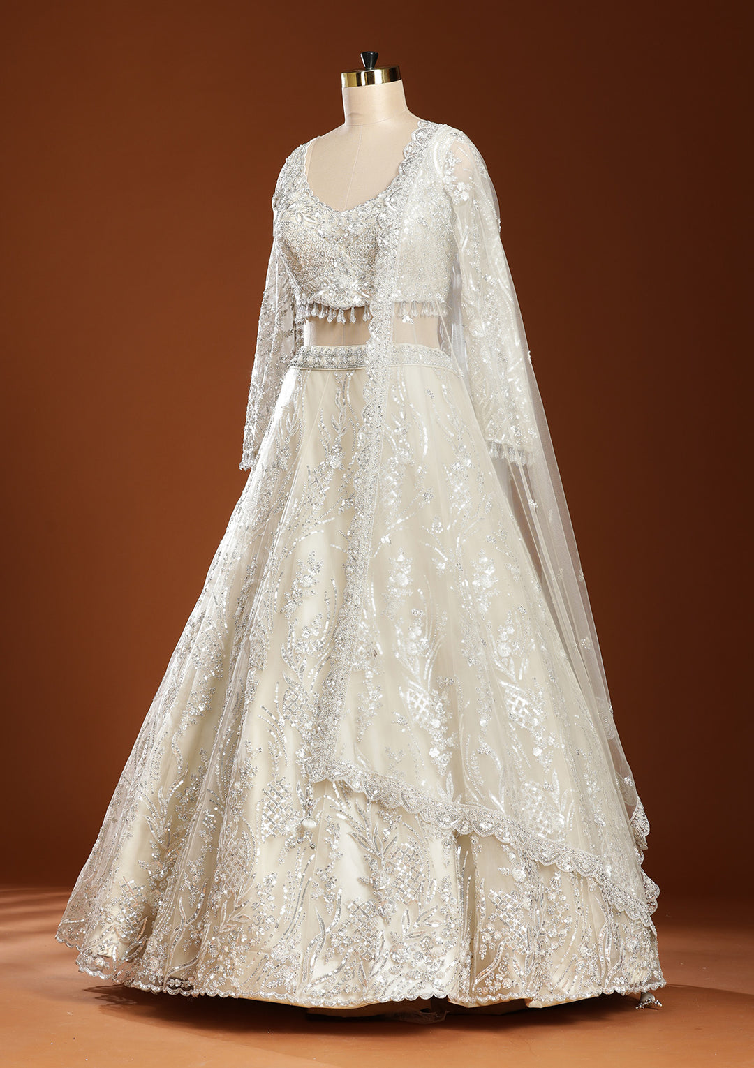 Off White Sequins Net Readymade Lehenga