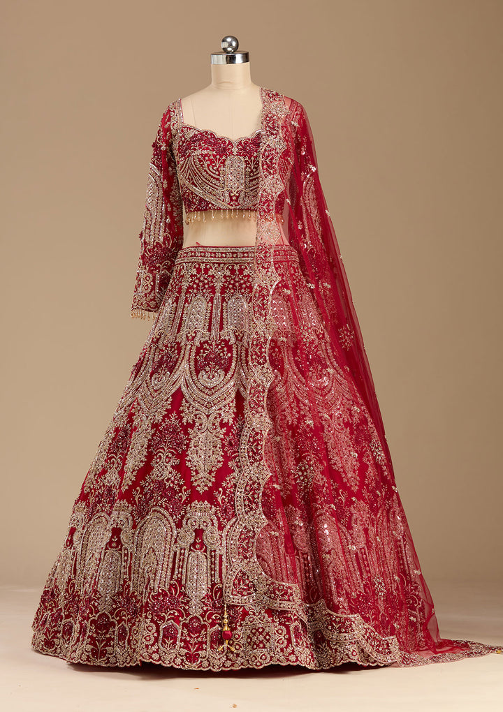 Dark Maroon Applique Net Readymade Lehenga