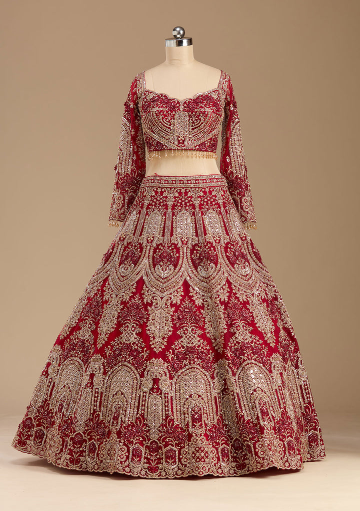 Dark Maroon Applique Net Readymade Lehenga