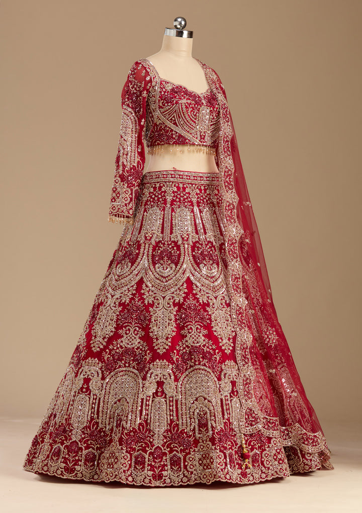 Dark Maroon Applique Net Readymade Lehenga