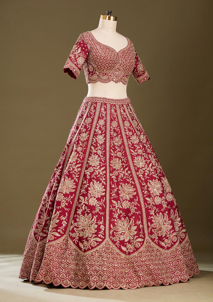 Dark Maroon Zardozi (Gold) Raw Silk Readymade Lehenga