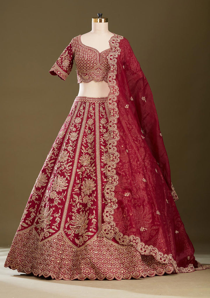 Dark Maroon Zardozi (Gold) Raw Silk Readymade Lehenga
