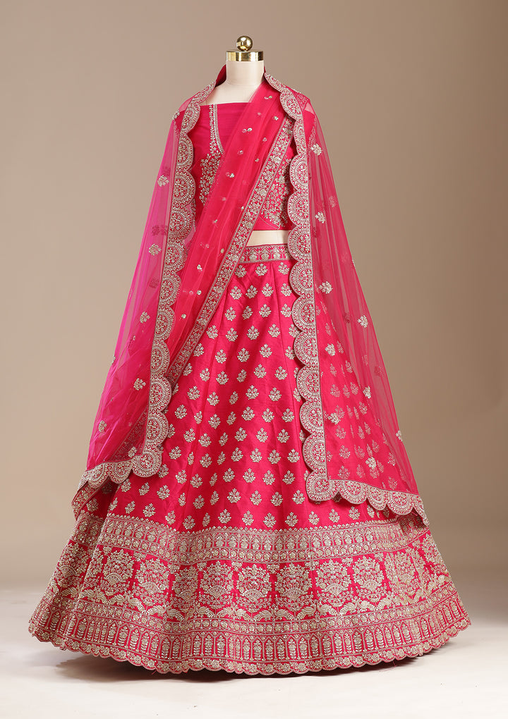 Rani Pink Cording Raw Silk Semi-Stitched Lehenga