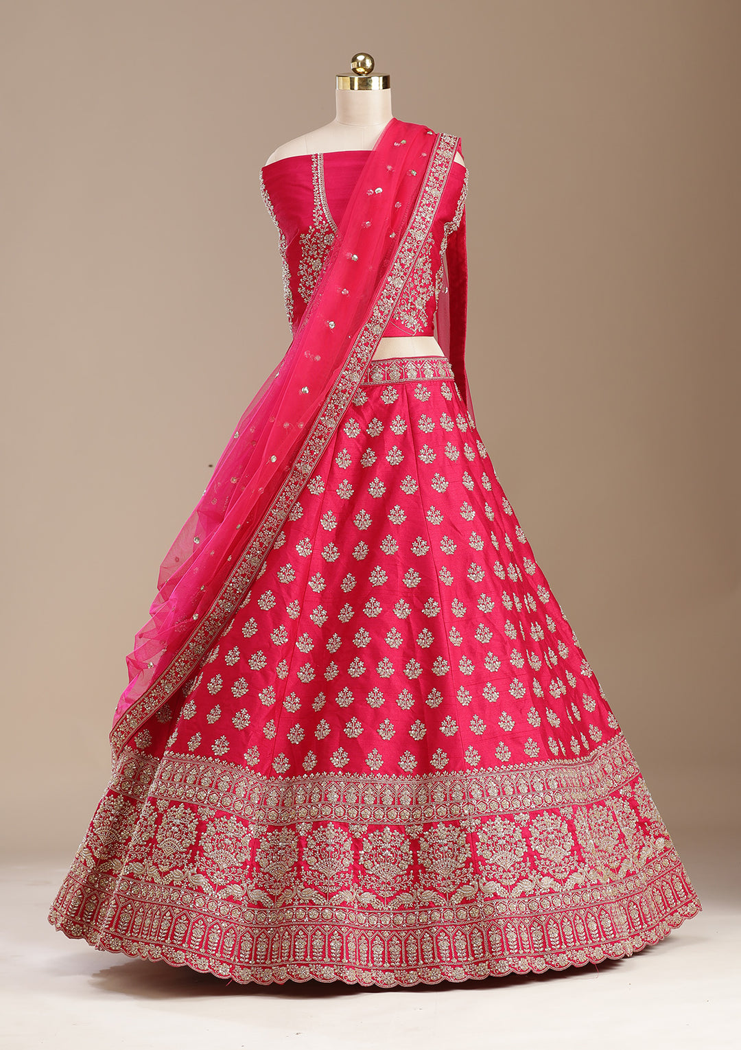 Rani Pink Cording Raw Silk Semi-Stitched Lehenga