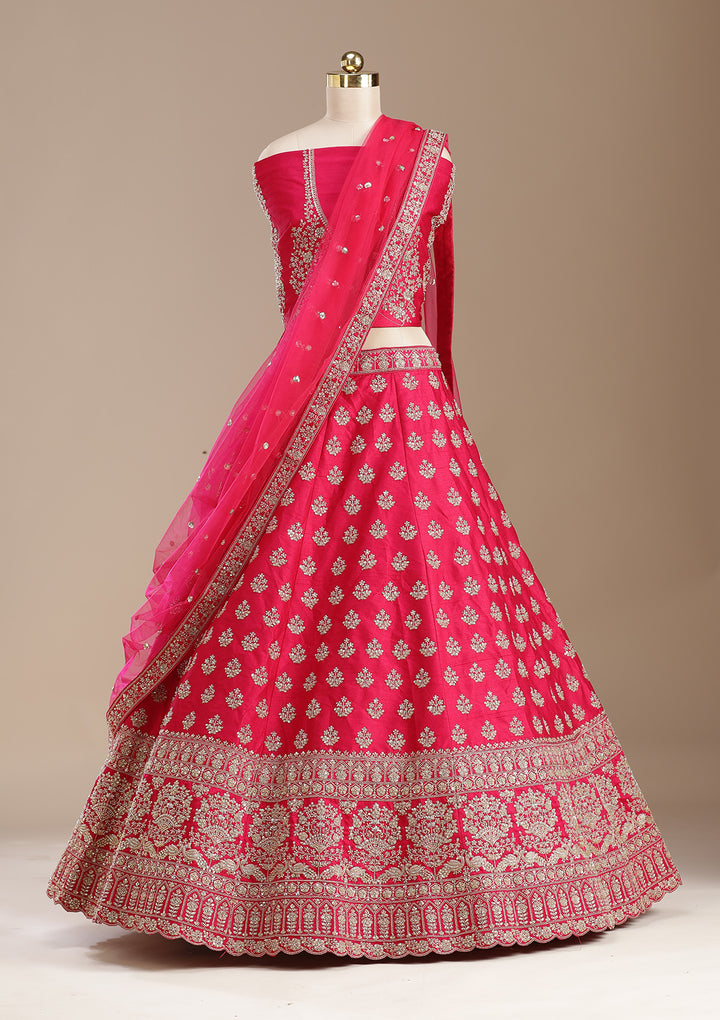 Rani Pink Cording Raw Silk Semi-Stitched Lehenga