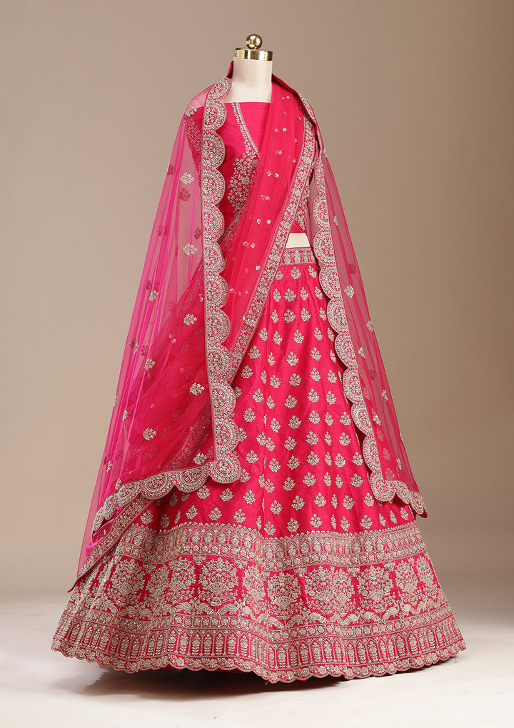 Rani Pink Cording Raw Silk Semi-Stitched Lehenga