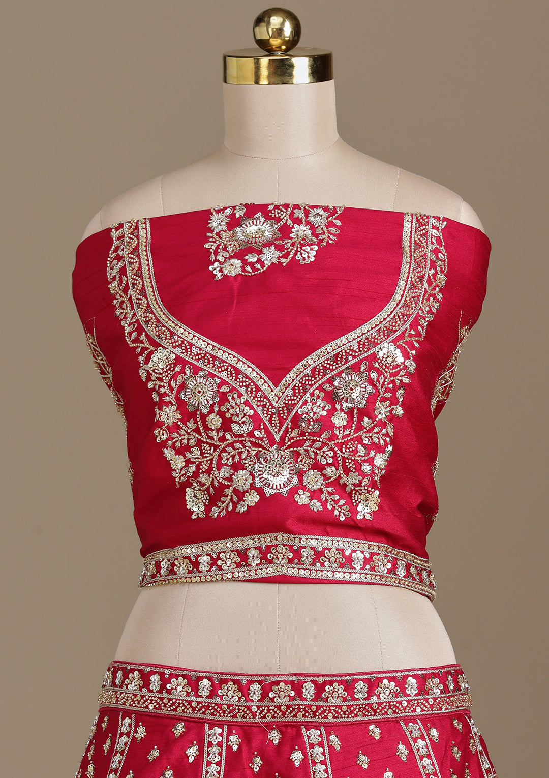 Rani Pink Cording Raw Silk Semi-Stitched Lehenga