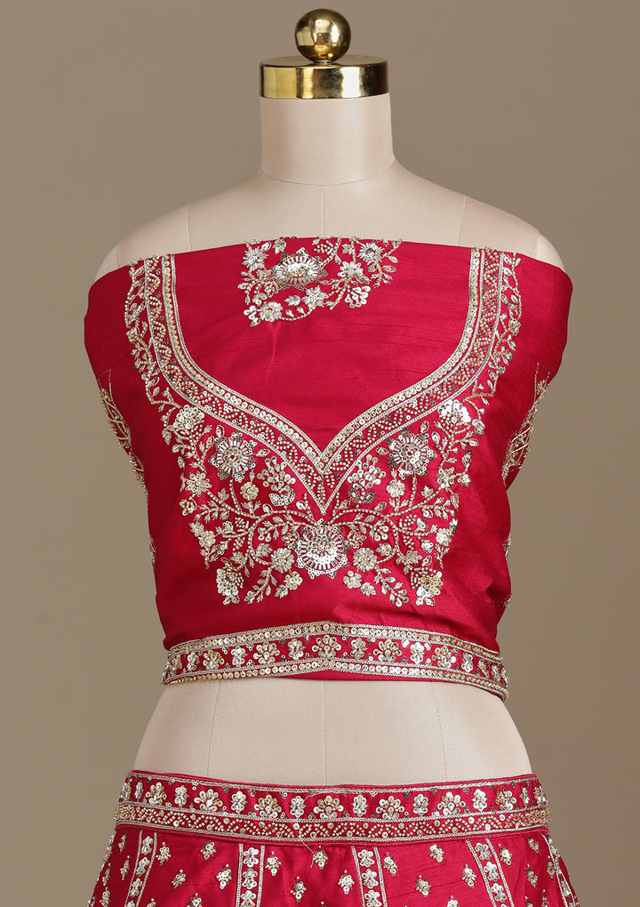 Rani Pink Cording Raw Silk Semi-Stitched Lehenga