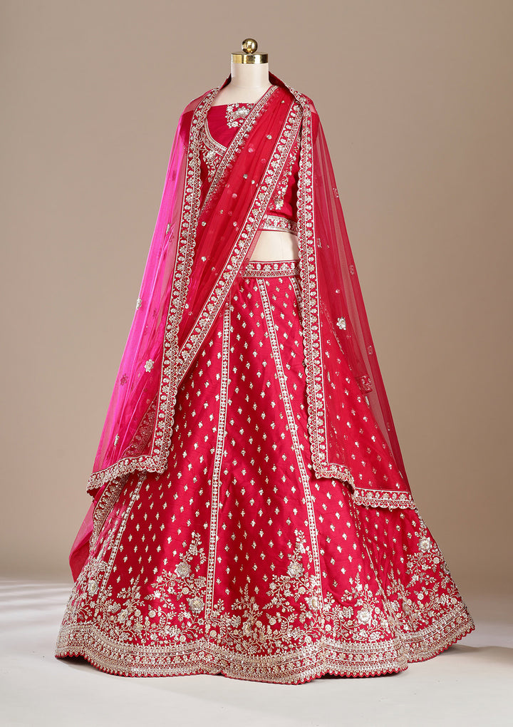 Red Cording Raw Silk Semi-Stitched Lehenga