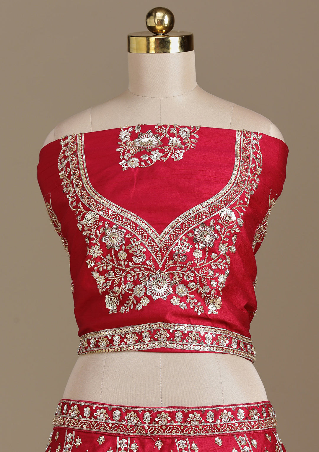 Red Cording Raw Silk Semi-Stitched Lehenga