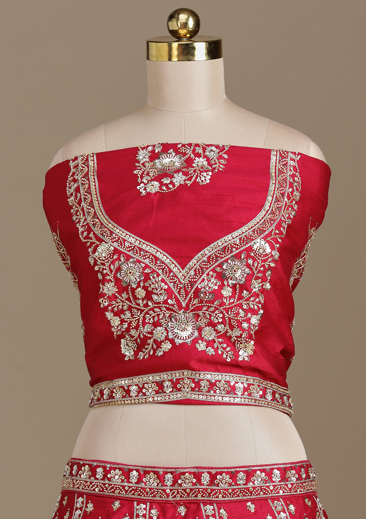 Red Cording Raw Silk Semi-Stitched Lehenga