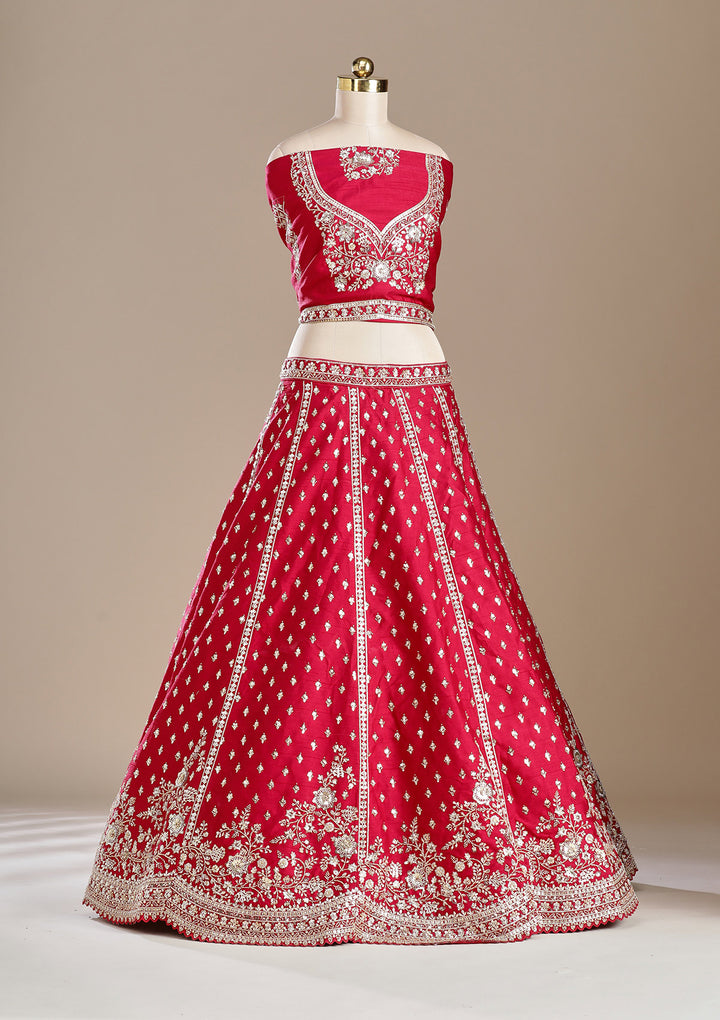 Red Cording Raw Silk Semi-Stitched Lehenga