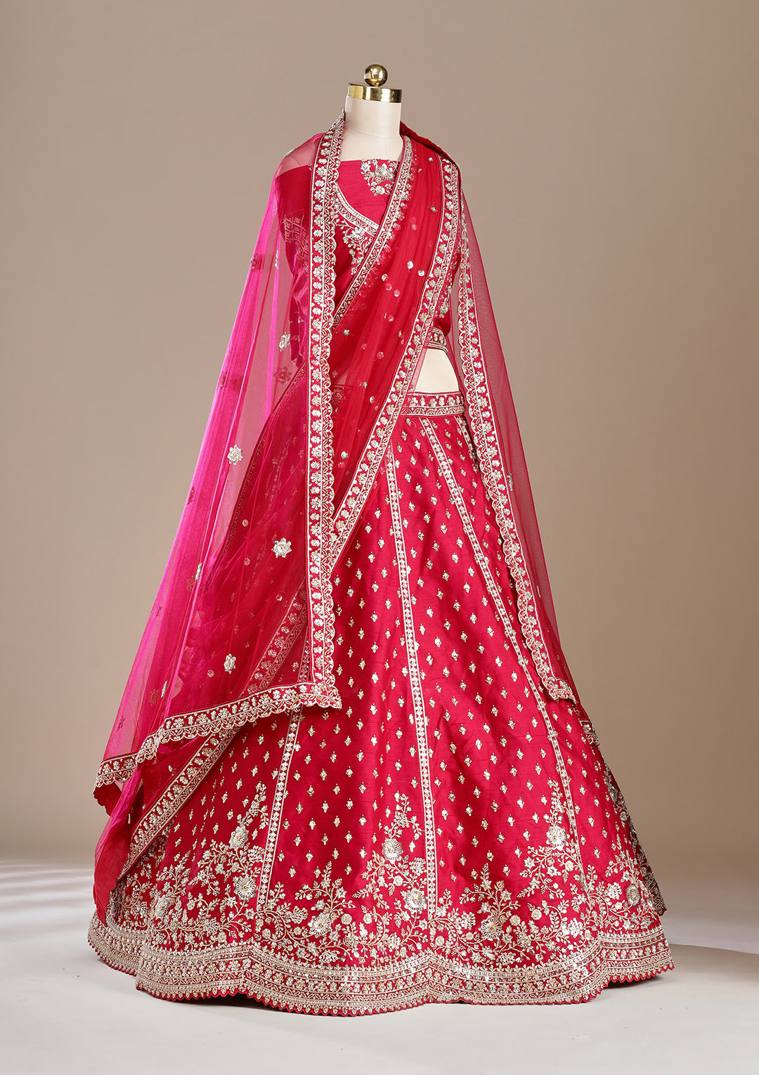 Red Cording Raw Silk Semi-Stitched Lehenga