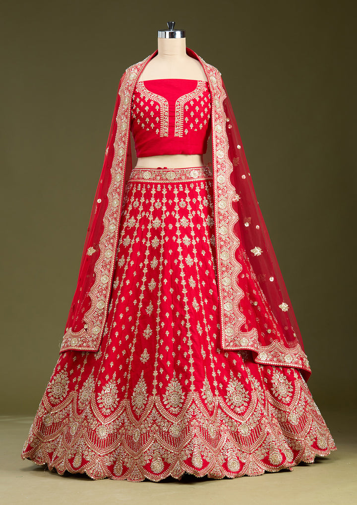 Red Cutdana Raw Silk Readymade Lehenga