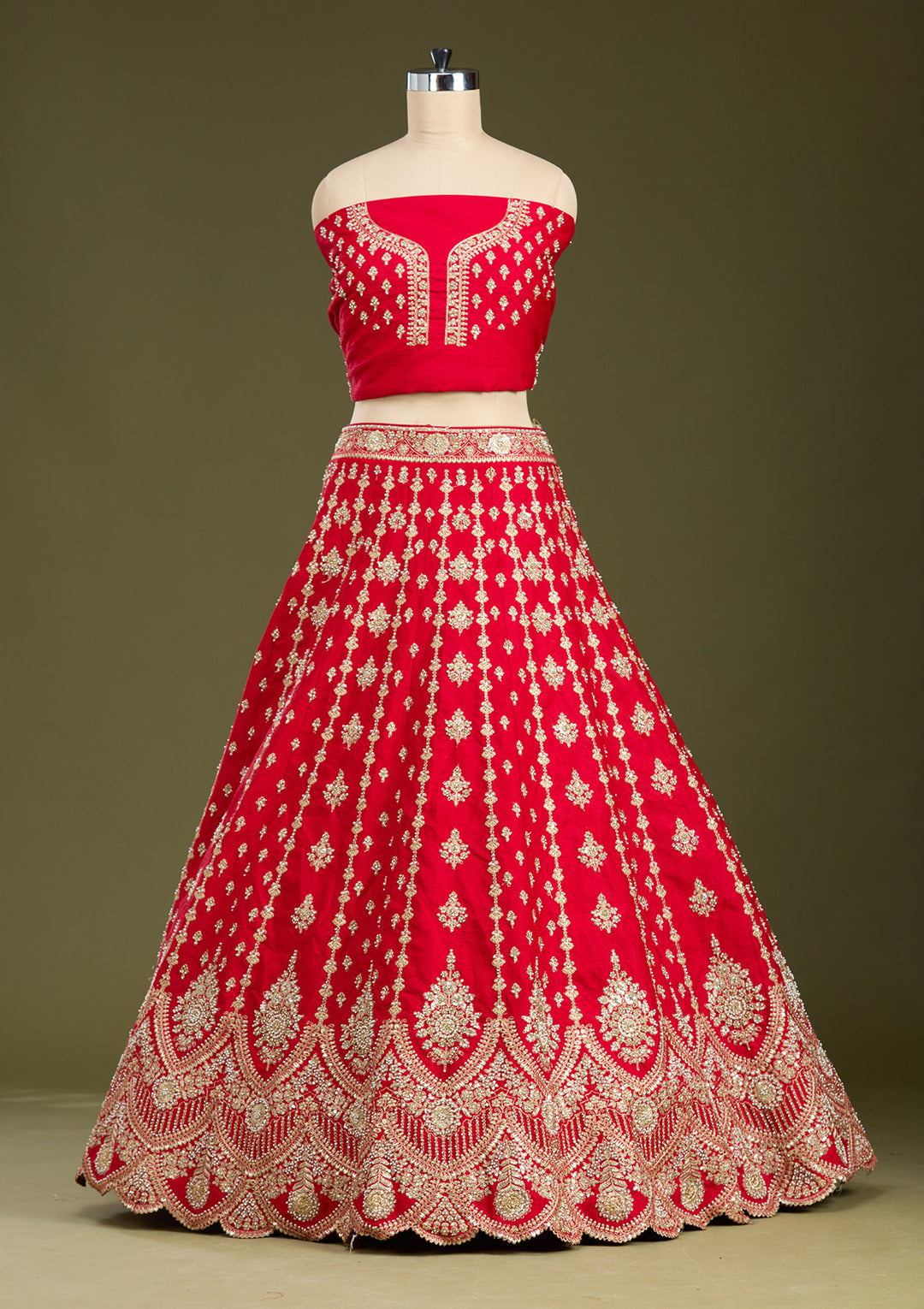 Red Cutdana Raw Silk Readymade Lehenga