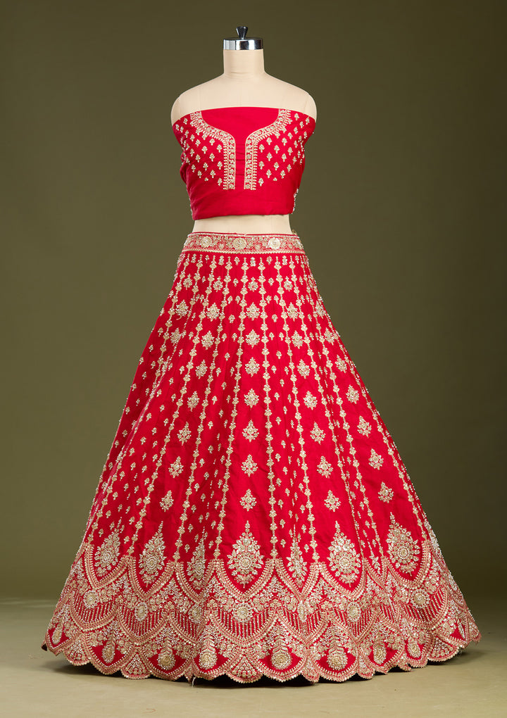Red Cutdana Raw Silk Readymade Lehenga