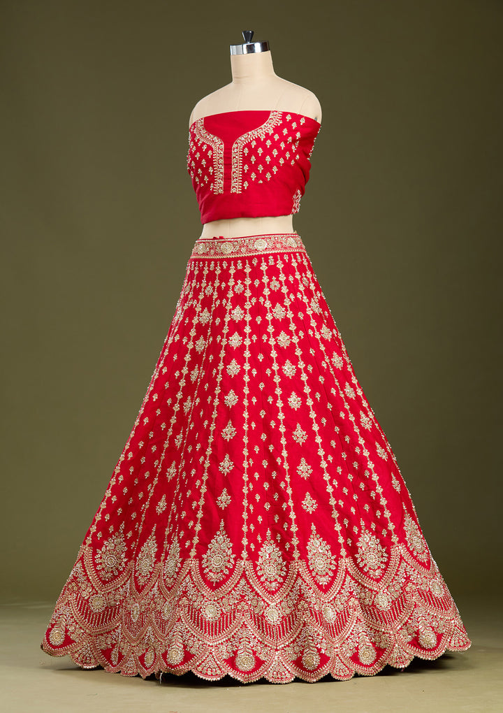 Red Cutdana Raw Silk Readymade Lehenga