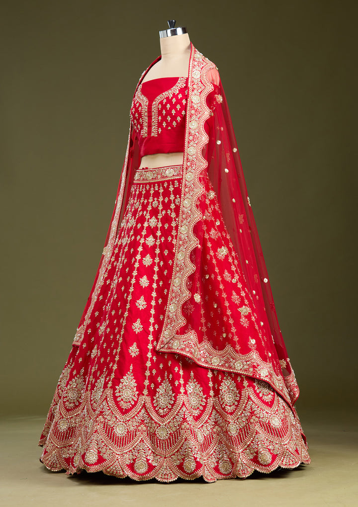 Red Cutdana Raw Silk Readymade Lehenga