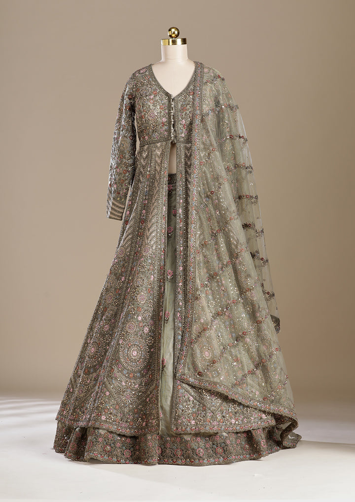 Mehendi Zariwork (Antique) Net Readymade Lehenga