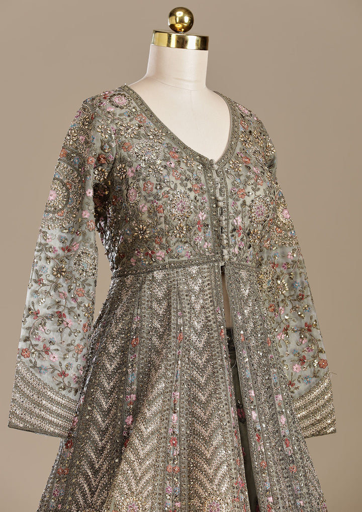 Mehendi Zariwork (Antique) Net Readymade Lehenga