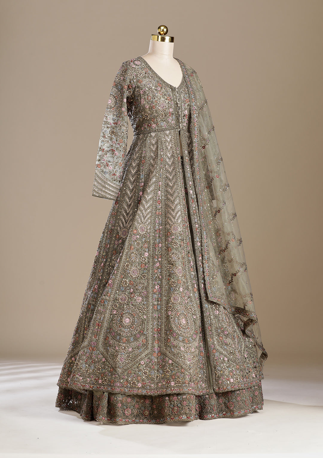 Mehendi Zariwork (Antique) Net Readymade Lehenga