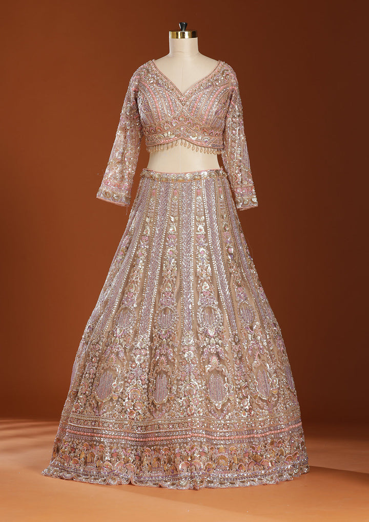Light Peach Sequins Net Readymade Lehenga