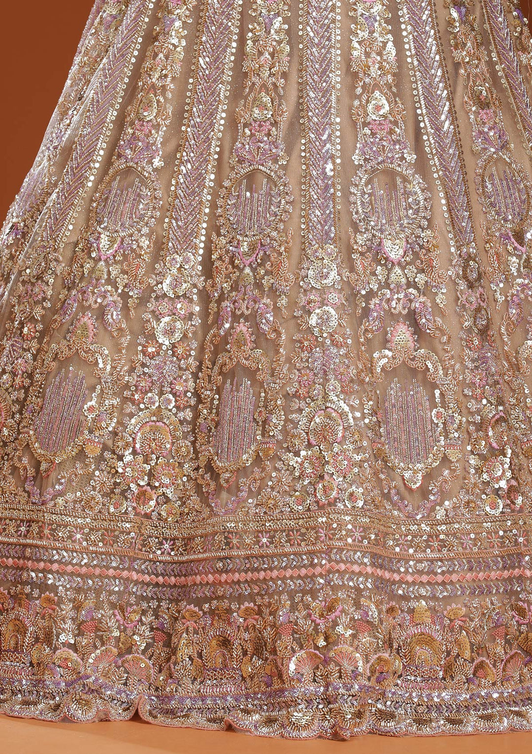 Light Peach Sequins Net Readymade Lehenga