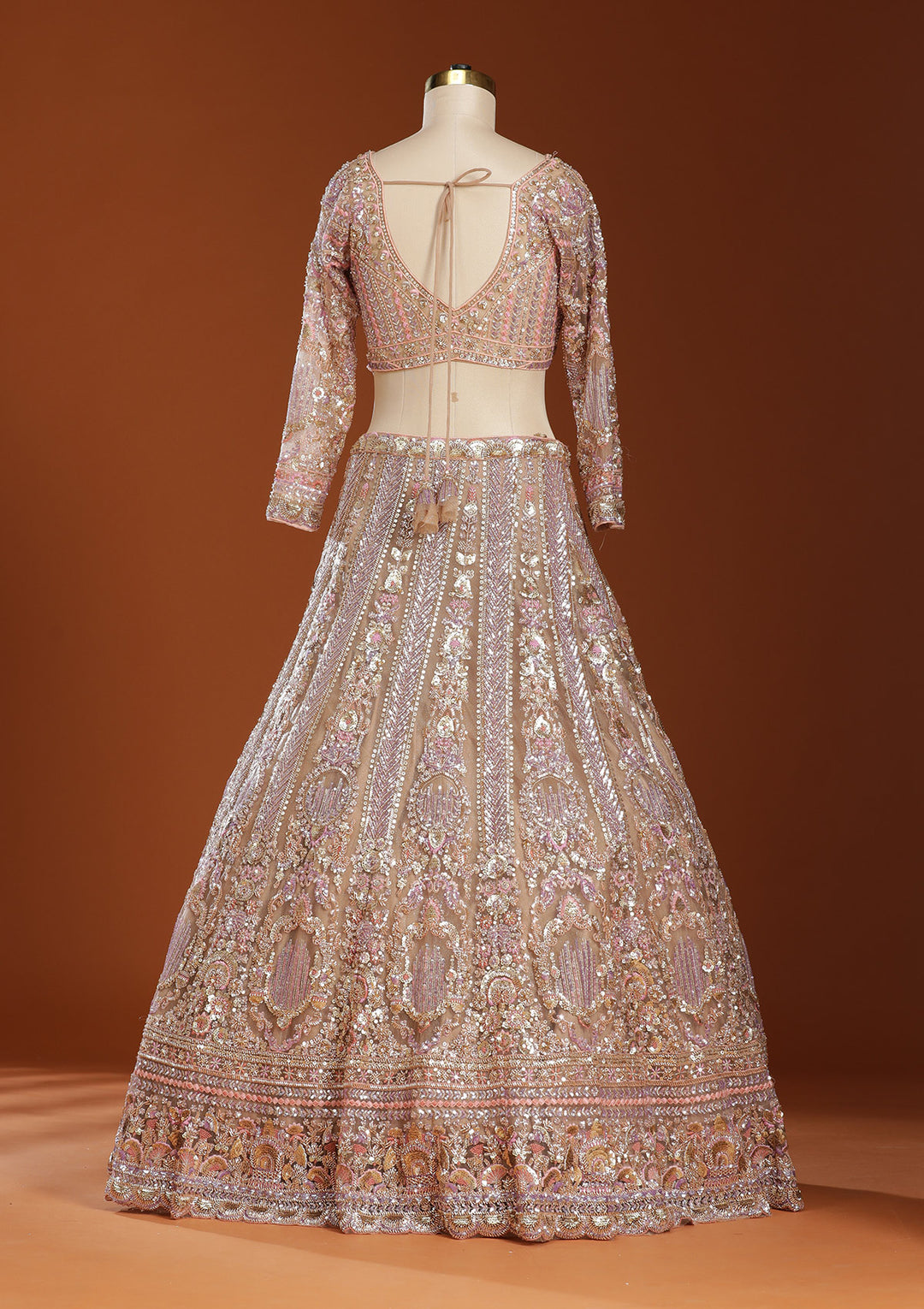 Light Peach Sequins Net Readymade Lehenga
