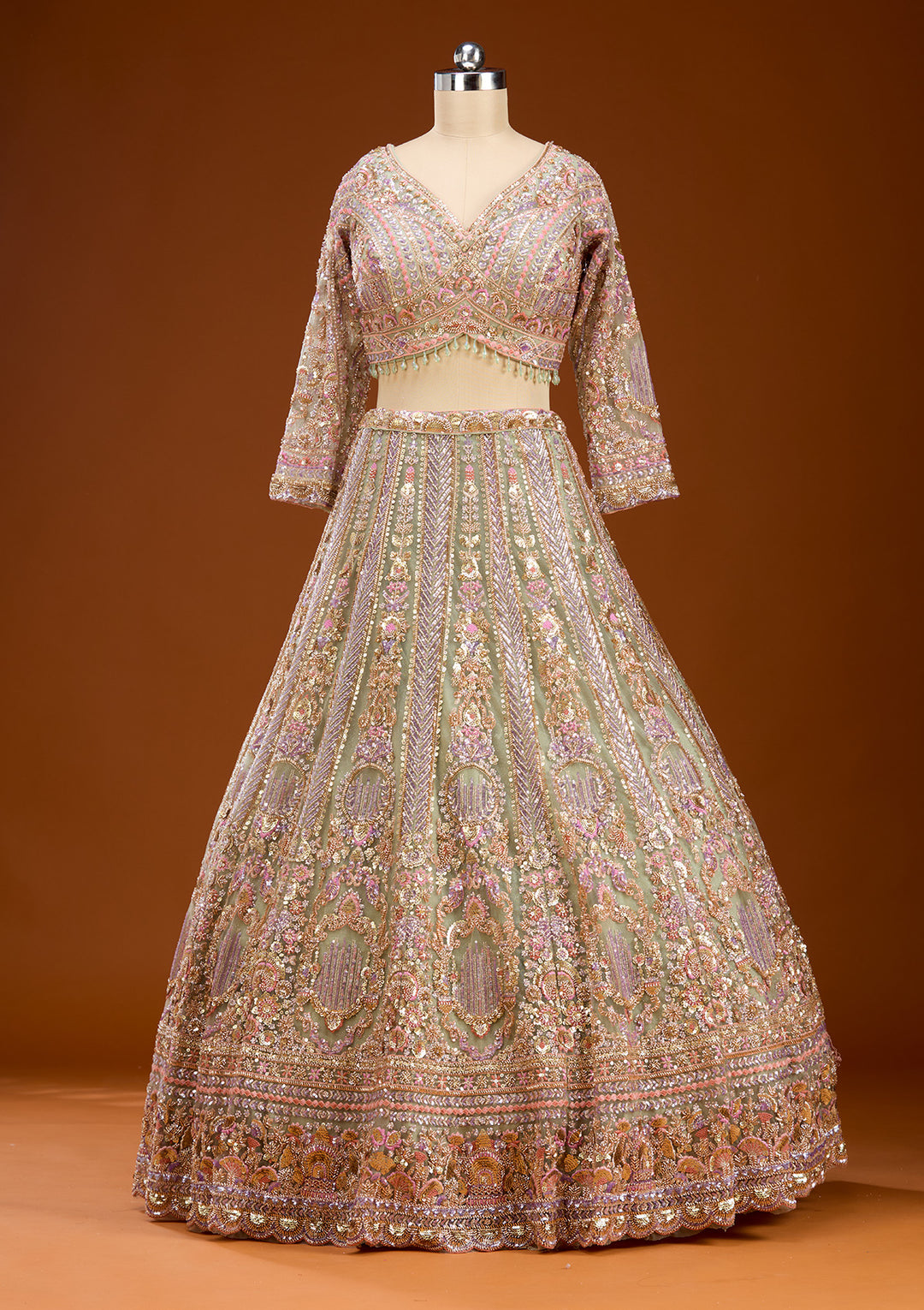 Pista Green Sequins Net Readymade Lehenga