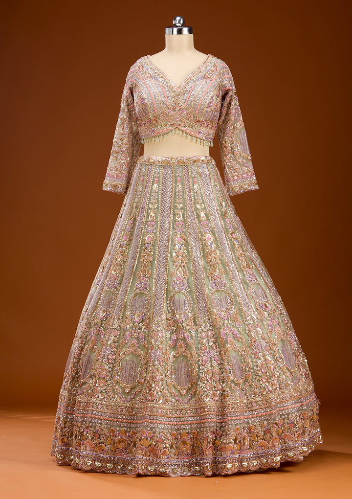 Pista Green Sequins Net Readymade Lehenga