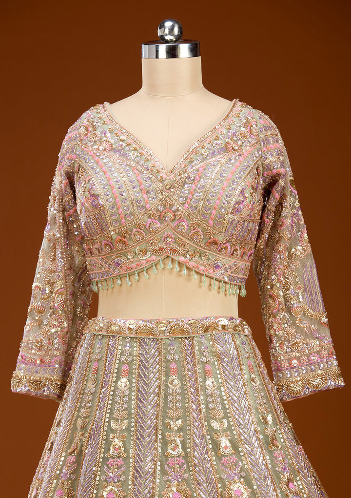 Pista Green Sequins Net Readymade Lehenga