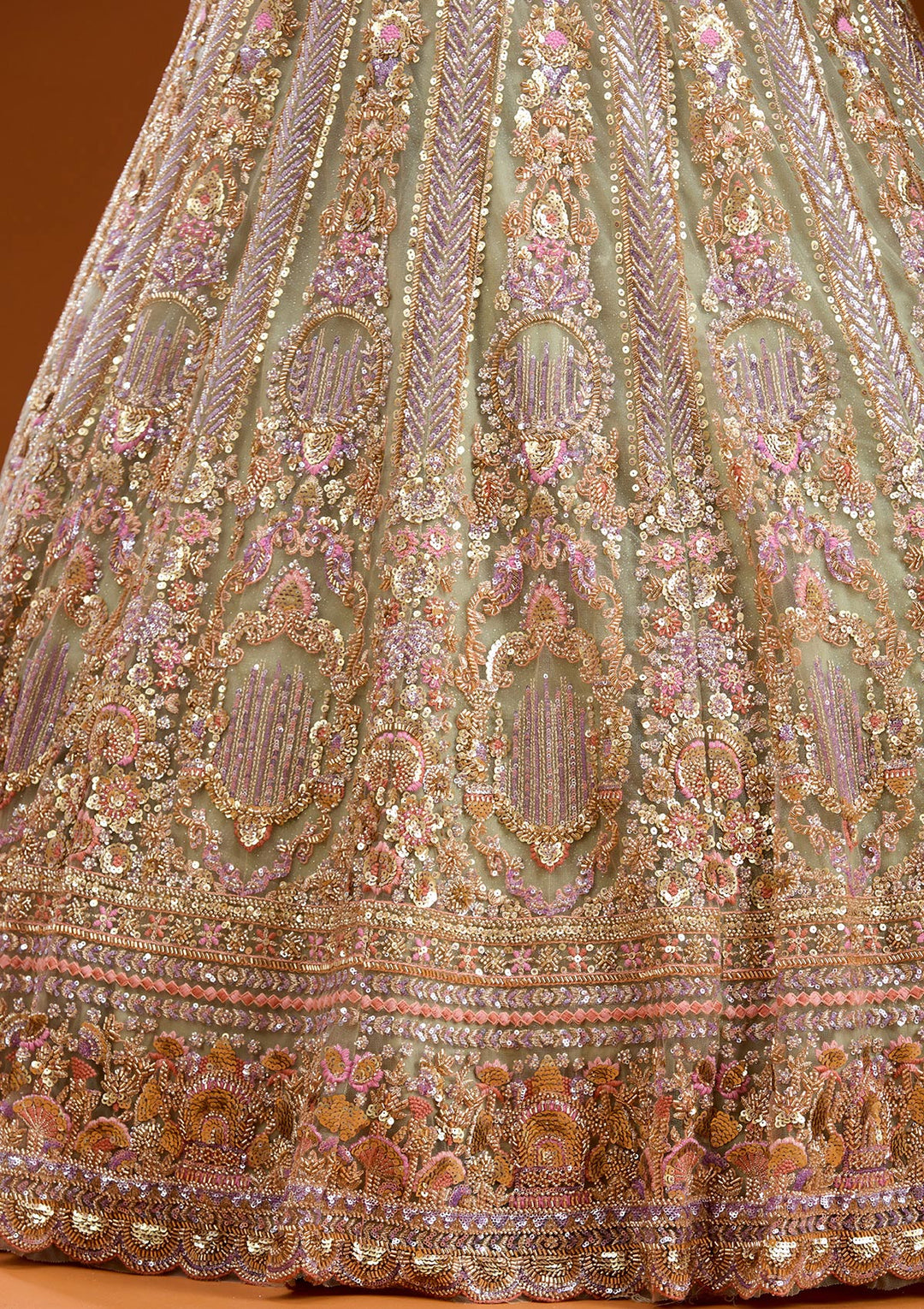 Pista Green Sequins Net Readymade Lehenga