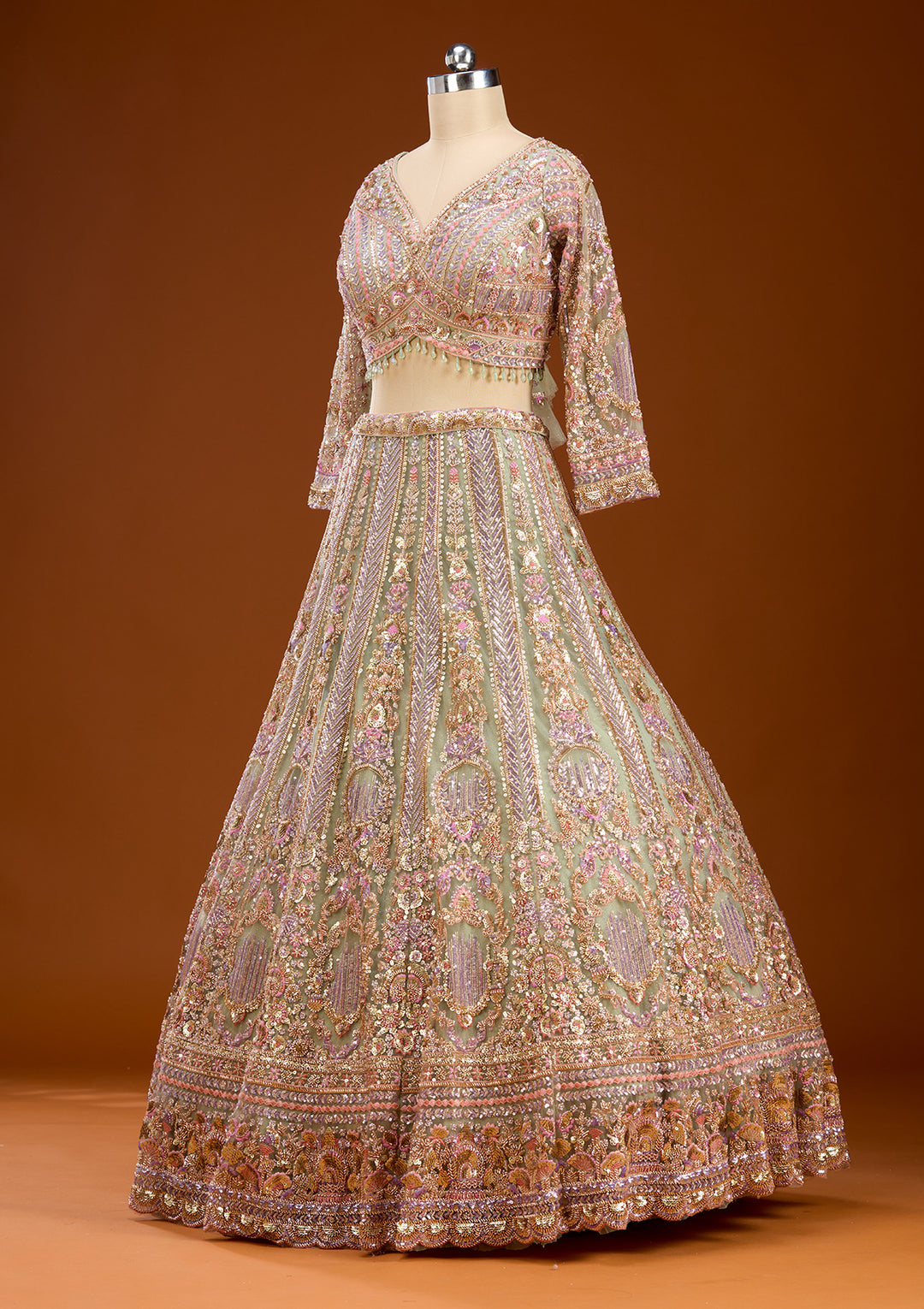 Pista Green Sequins Net Readymade Lehenga