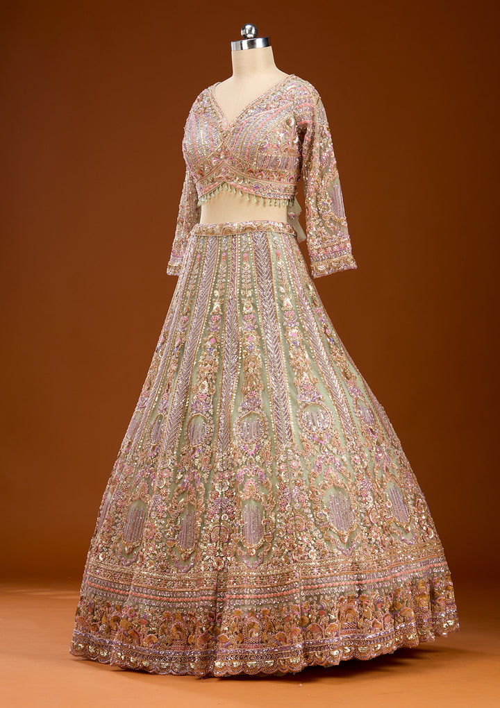 Pista Green Sequins Net Readymade Lehenga