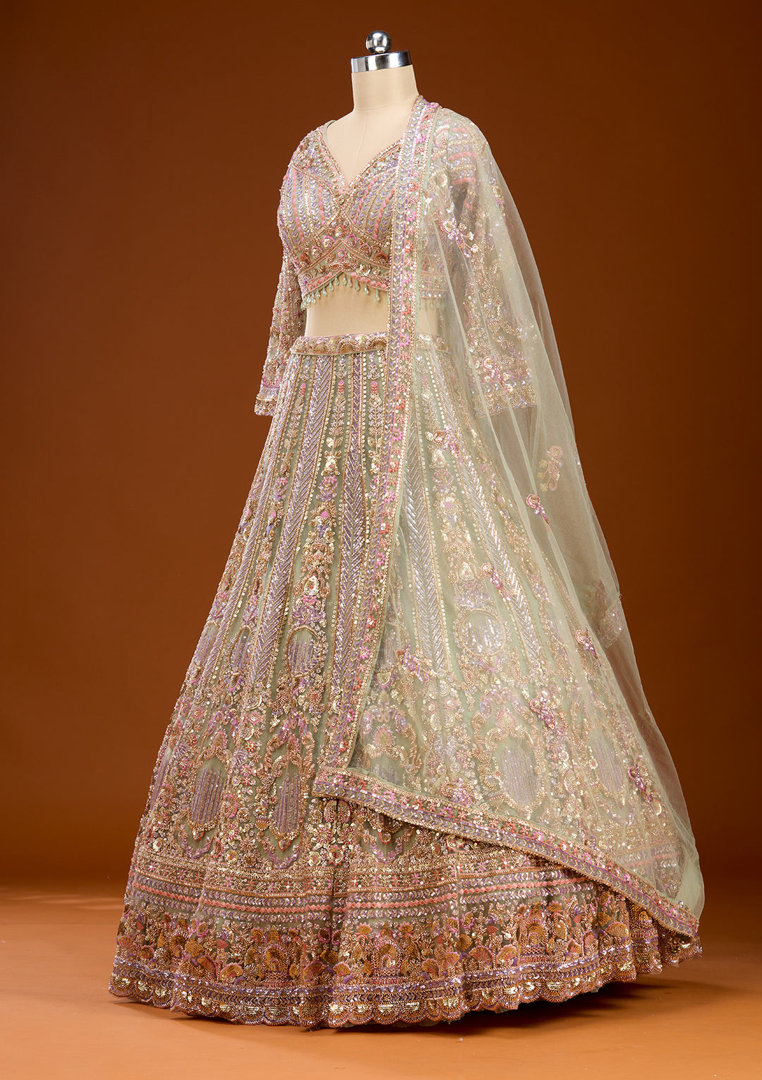 Pista Green Sequins Net Readymade Lehenga