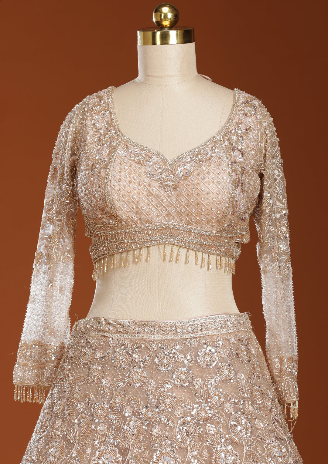 Beige Cutdana Net Readymade Lehenga