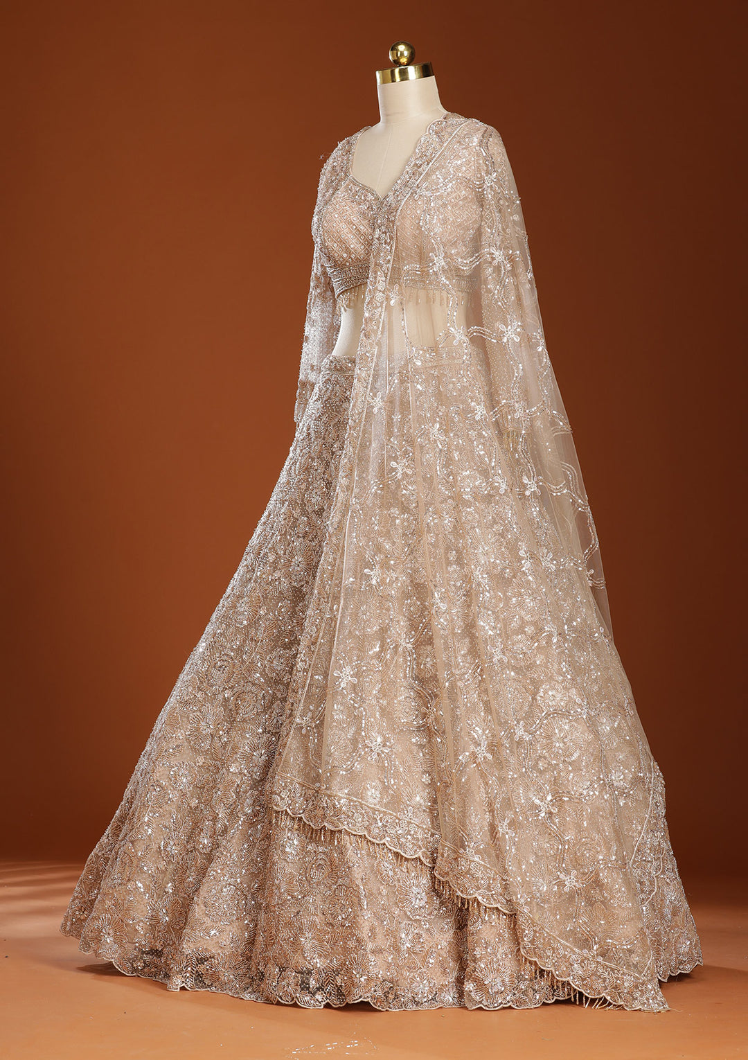 Beige Cutdana Net Readymade Lehenga