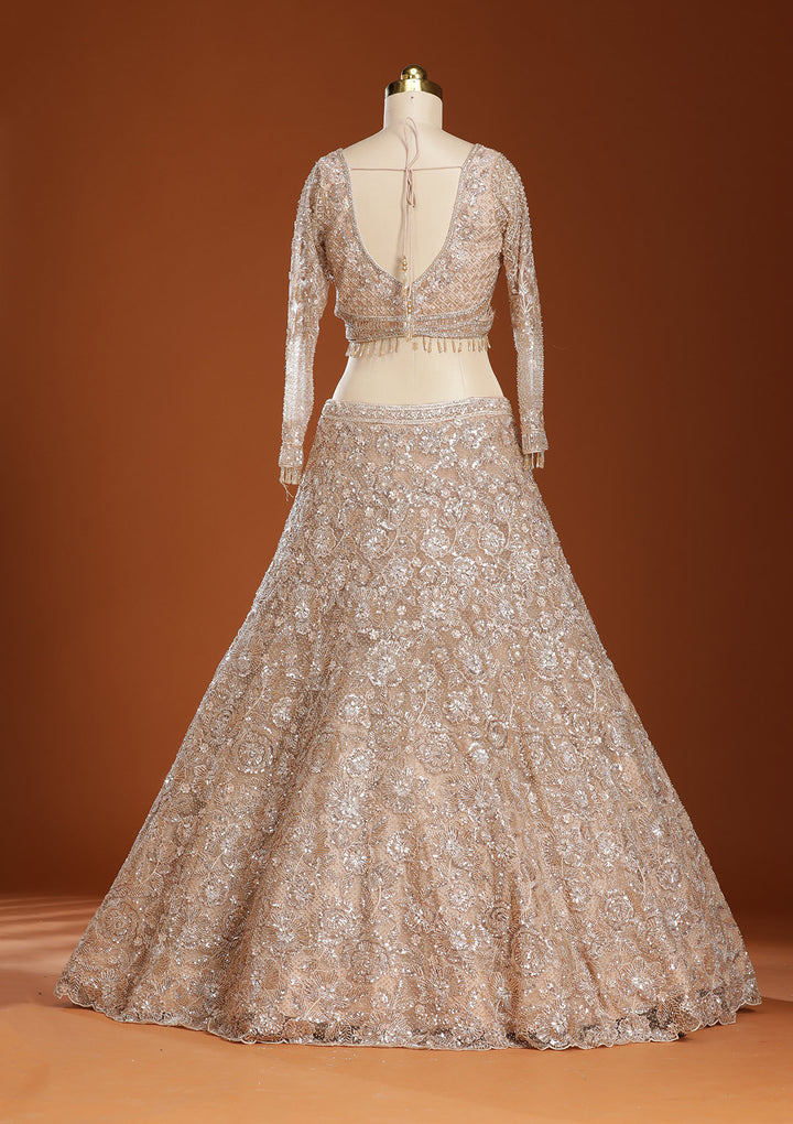 Beige Cutdana Net Readymade Lehenga