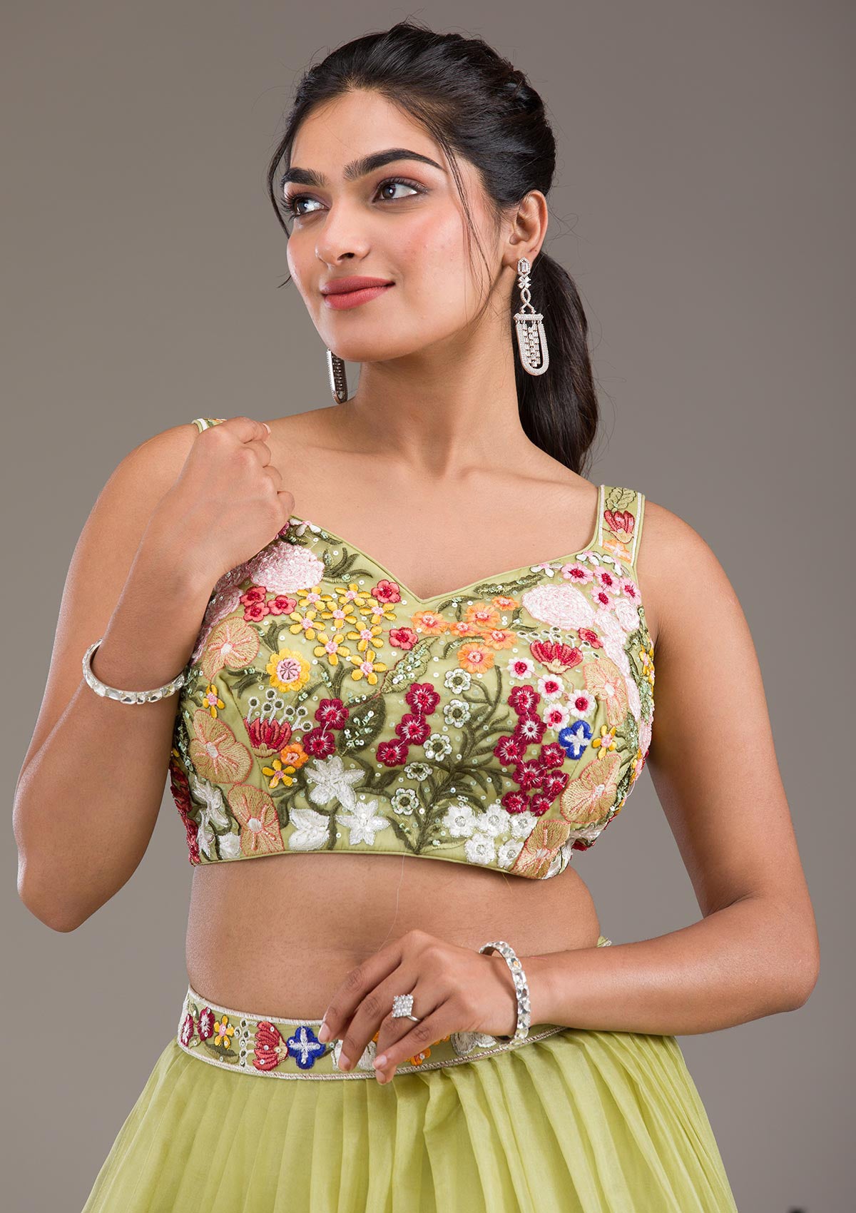 Buy Pista Green Threadwork Tissue Readymade Lehenga - Koskii