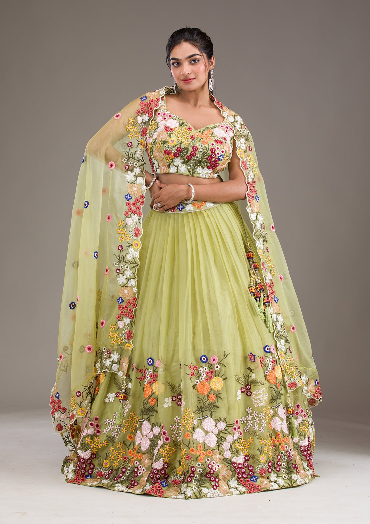 Buy Pista Green Threadwork Tissue Readymade Lehenga - Koskii