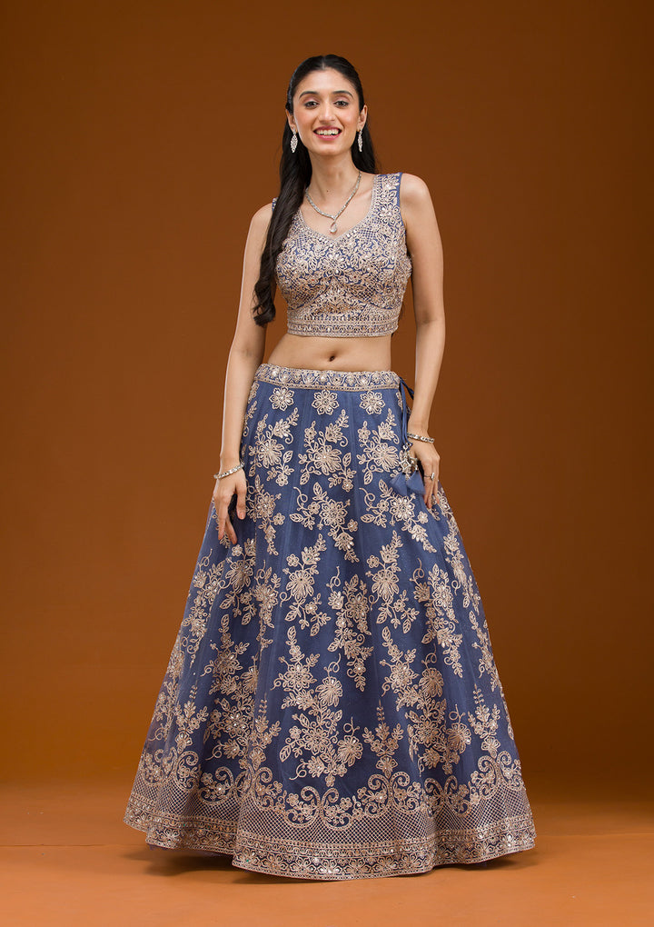 Grey Zariwork Net Readymade Lehenga