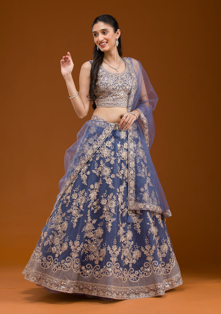 Grey Zariwork Net Readymade Lehenga