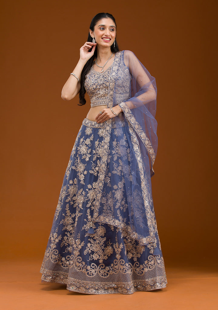 Grey Zariwork Net Readymade Lehenga