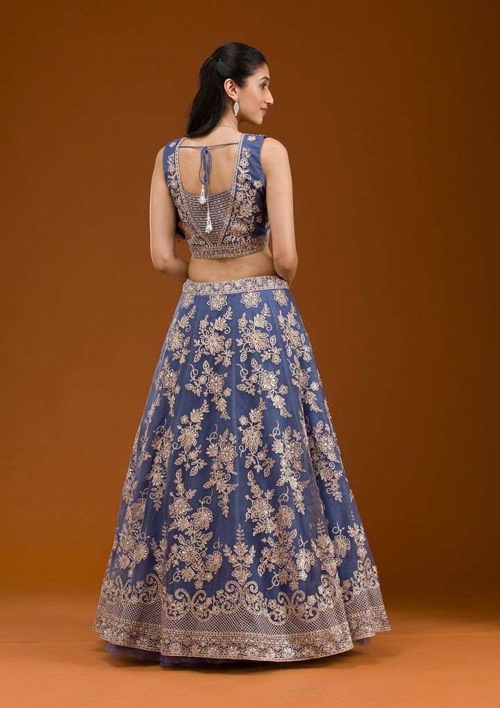 Grey Zariwork Net Readymade Lehenga