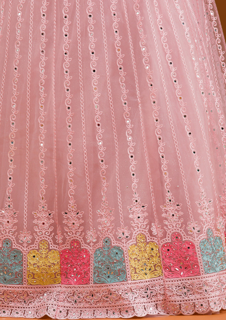Baby Pink Threadwork Net Readymade Lehenga